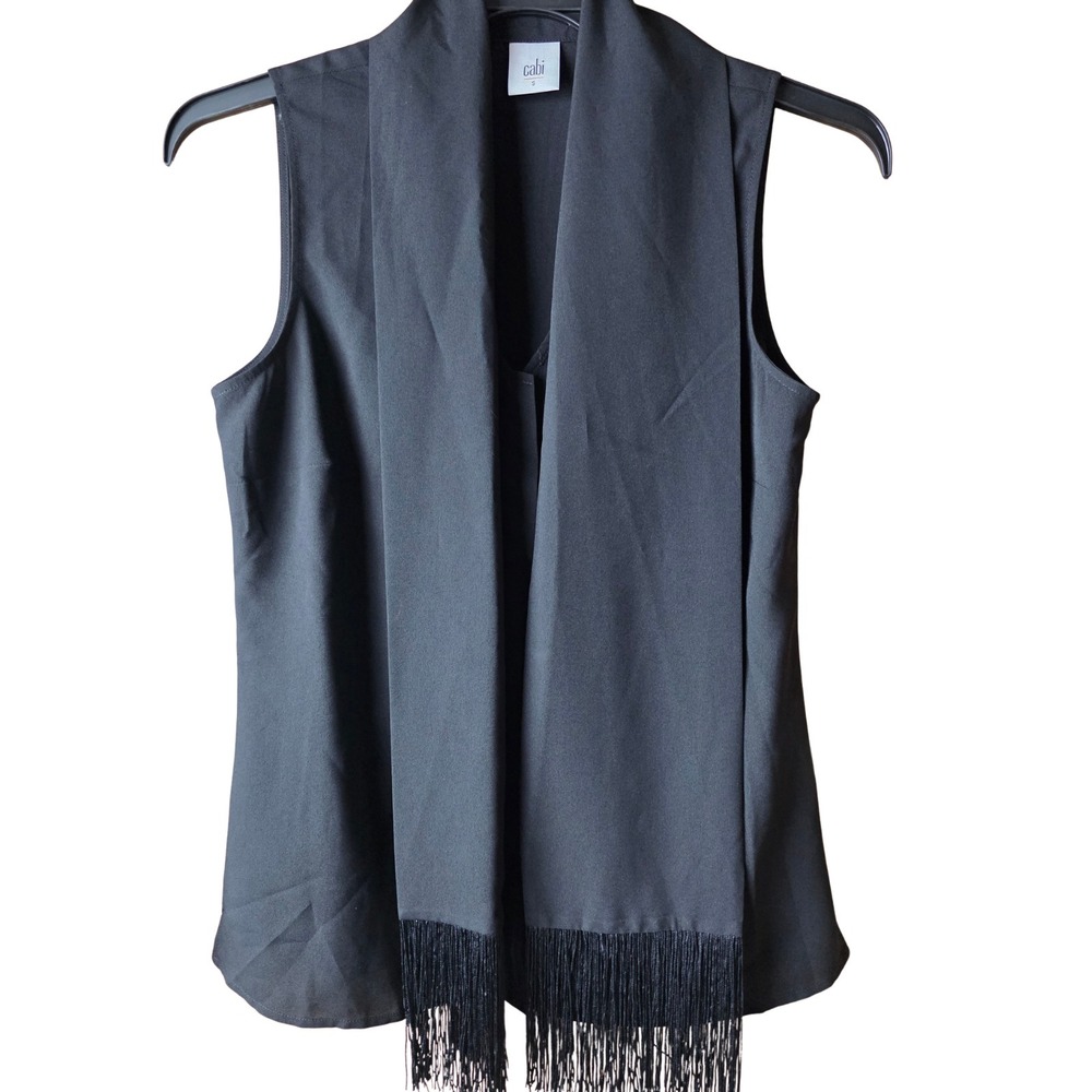 Cabi Womens Small Black Fringe Scarf Vest Sleeveless Open Front Layering Boho Ca